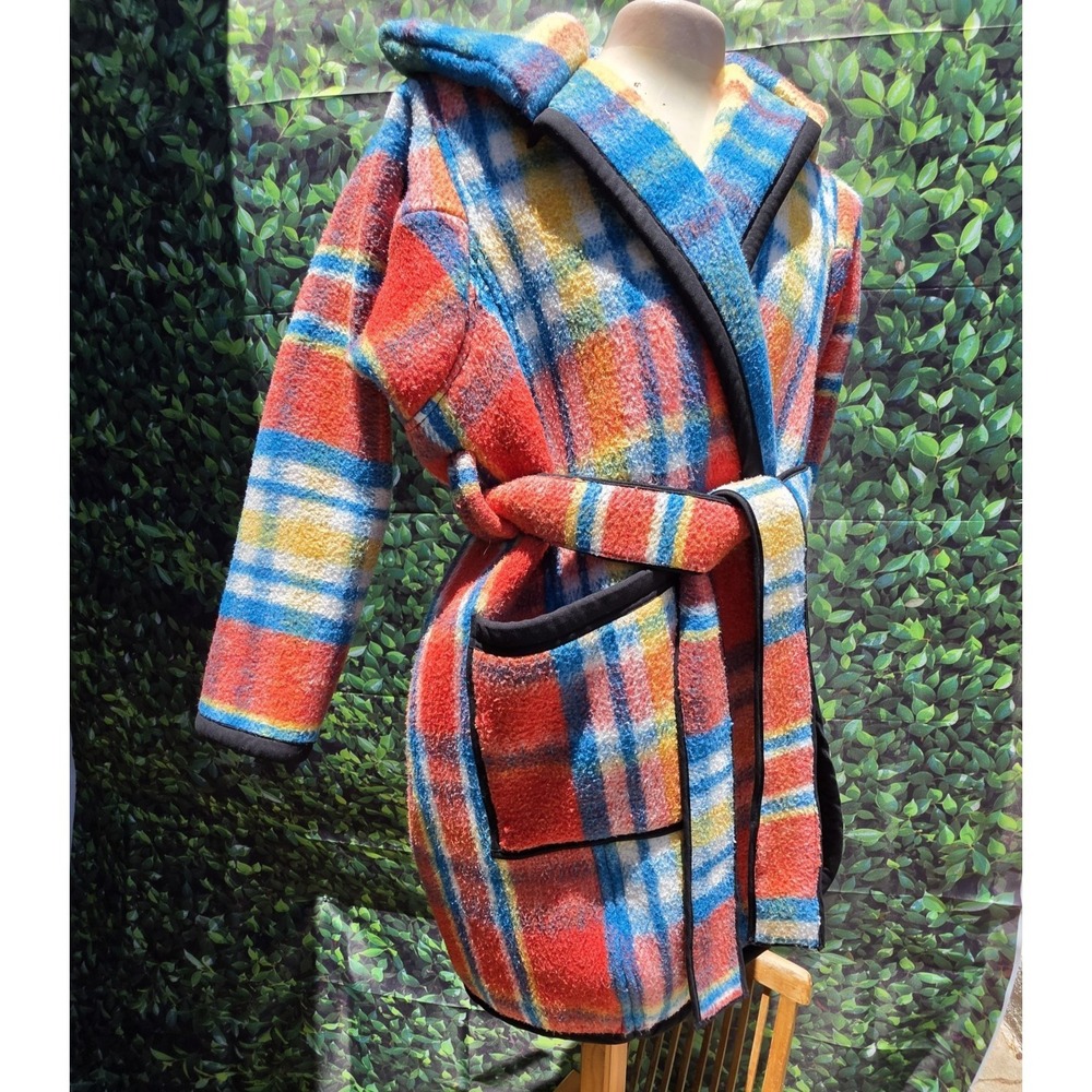 Rebecca Armentrout Handmade Plaid Wool Blend Wrap Coat Robe Jacket Belted One Si